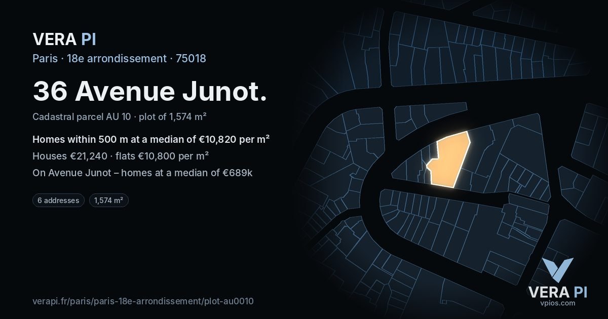 36 Avenue Junot, 18e arrondissement at night – the plot lit, the parcels around coloured by the prices near them