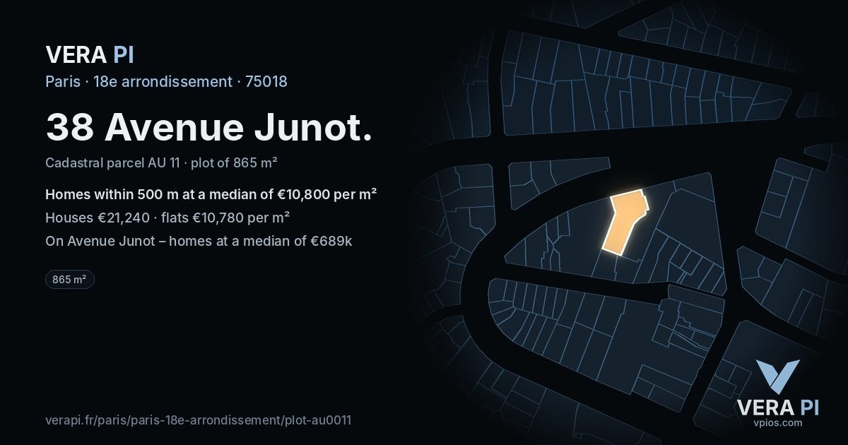 38 Avenue Junot, 18e arrondissement at night – the plot lit, the parcels around coloured by the prices near them