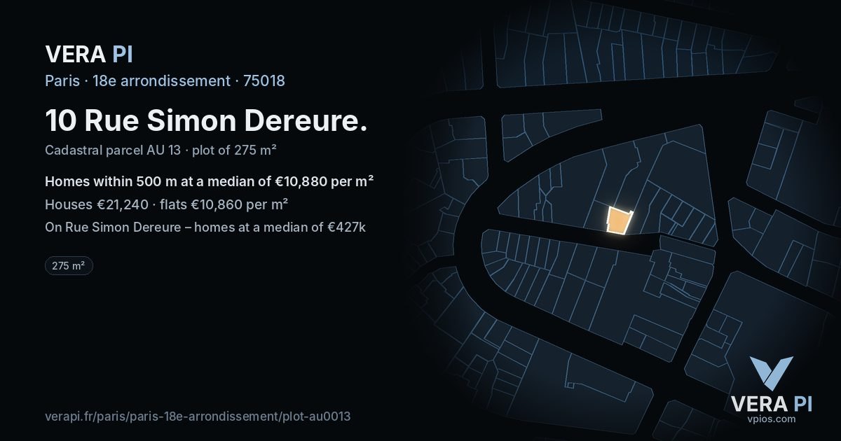 10 Rue Simon Dereure, 18e arrondissement at night – the plot lit, the parcels around coloured by the prices near them