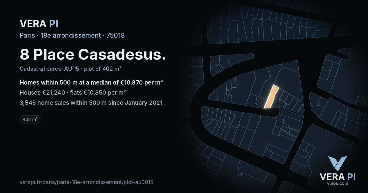8 Place Casadesus, 18e arrondissement at night – the plot lit, the parcels around coloured by the prices near them