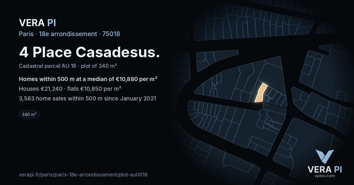 4 Place Casadesus, 18e arrondissement at night – the plot lit, the parcels around coloured by the prices near them