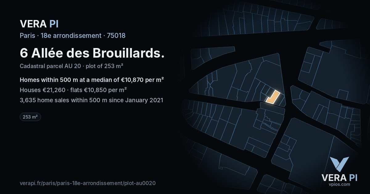 6 Allée des Brouillards, 18e arrondissement at night – the plot lit, the parcels around coloured by the prices near them