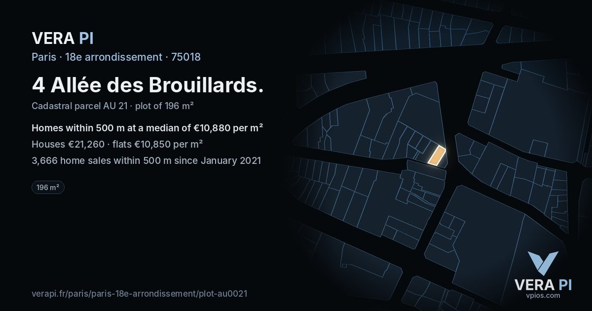 4 Allée des Brouillards, 18e arrondissement at night – the plot lit, the parcels around coloured by the prices near them
