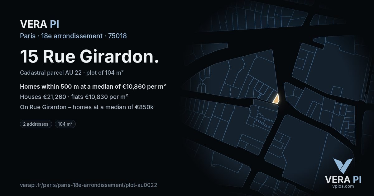 15 Rue Girardon, 18e arrondissement at night – the plot lit, the parcels around coloured by the prices near them