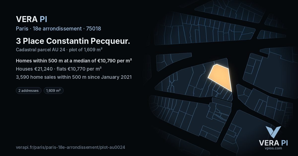3 Place Constantin Pecqueur, 18e arrondissement at night – the plot lit, the parcels around coloured by the prices near them