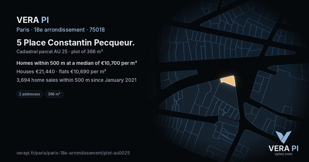 5 Place Constantin Pecqueur, 18e arrondissement at night – the plot lit, the parcels around coloured by the prices near them