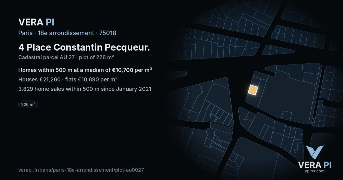 4 Place Constantin Pecqueur, 18e arrondissement at night – the plot lit, the parcels around coloured by the prices near them