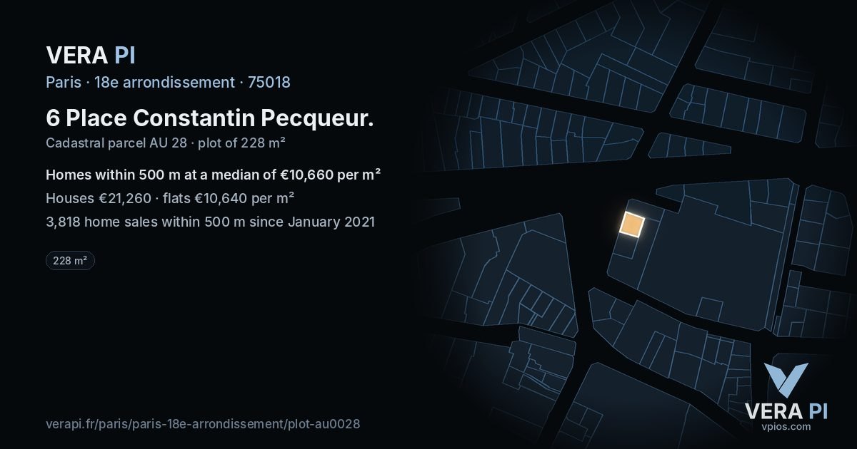 6 Place Constantin Pecqueur, 18e arrondissement at night – the plot lit, the parcels around coloured by the prices near them