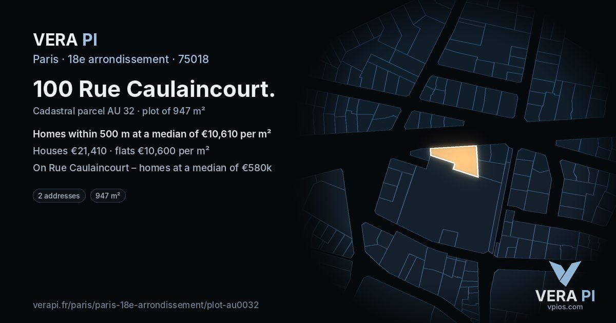 100 Rue Caulaincourt, 18e arrondissement at night – the plot lit, the parcels around coloured by the prices near them