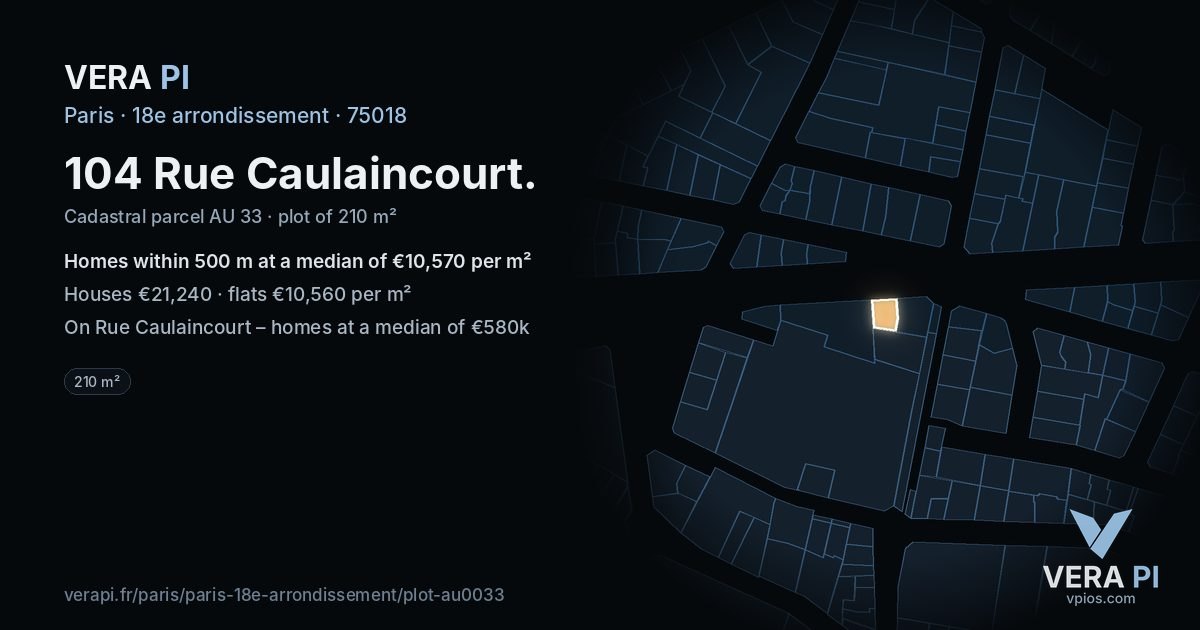 104 Rue Caulaincourt, 18e arrondissement at night – the plot lit, the parcels around coloured by the prices near them