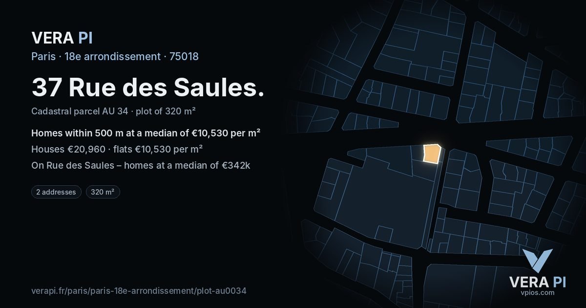 37 Rue des Saules, 18e arrondissement at night – the plot lit, the parcels around coloured by the prices near them