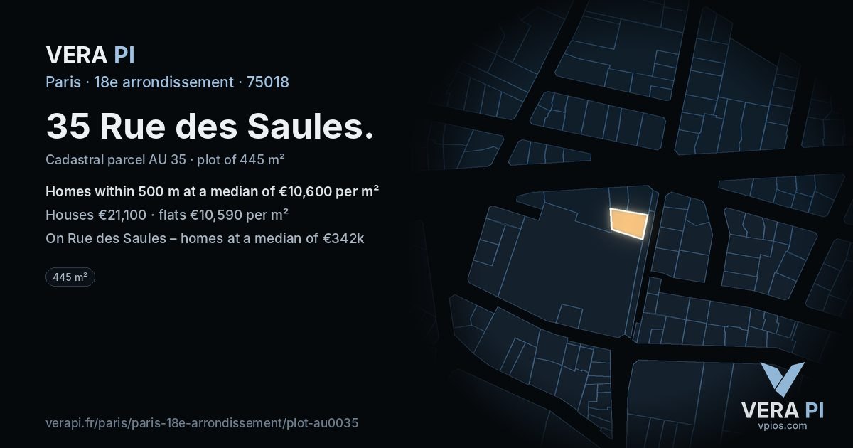 35 Rue des Saules, 18e arrondissement at night – the plot lit, the parcels around coloured by the prices near them