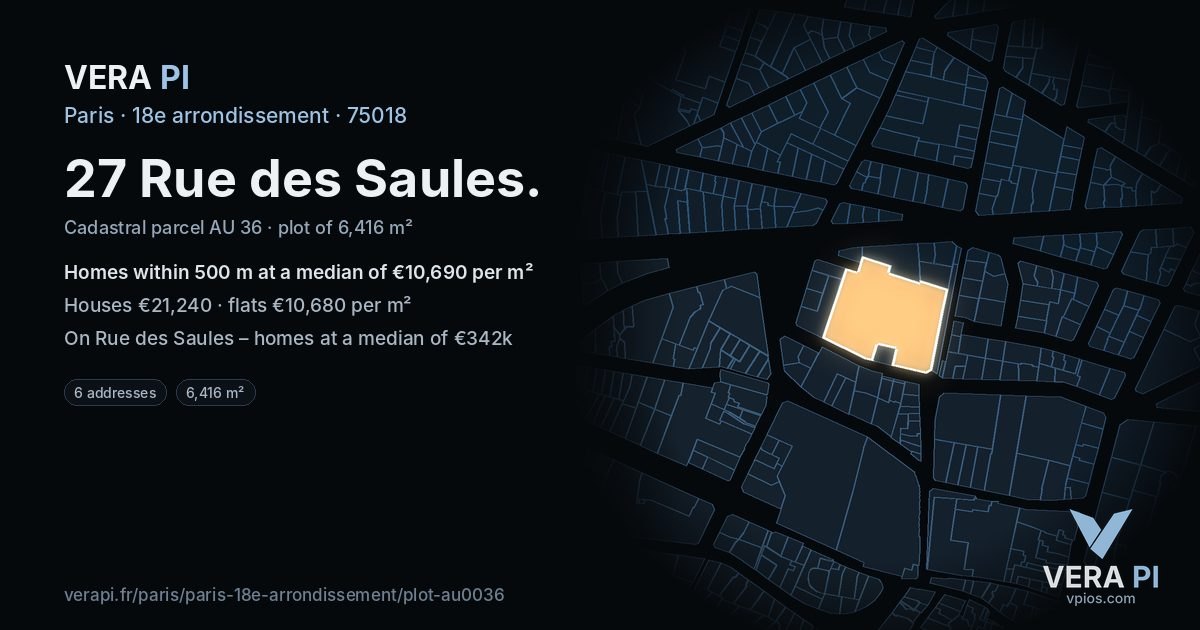 27 Rue des Saules, 18e arrondissement at night – the plot lit, the parcels around coloured by the prices near them