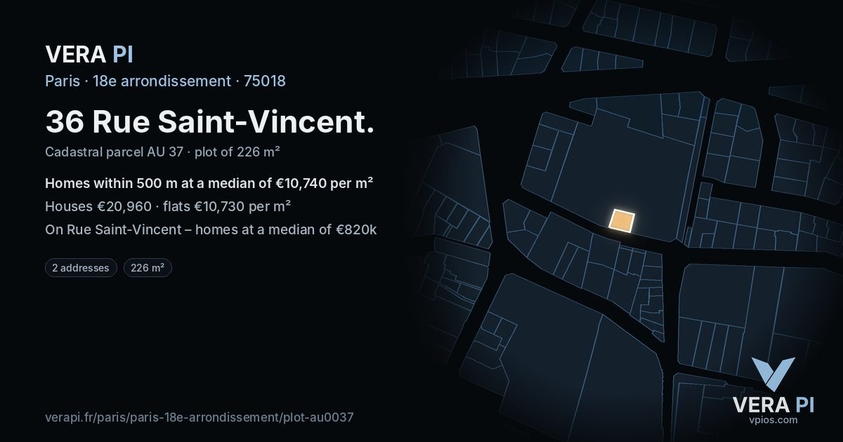 36 Rue Saint-Vincent, 18e arrondissement at night – the plot lit, the parcels around coloured by the prices near them