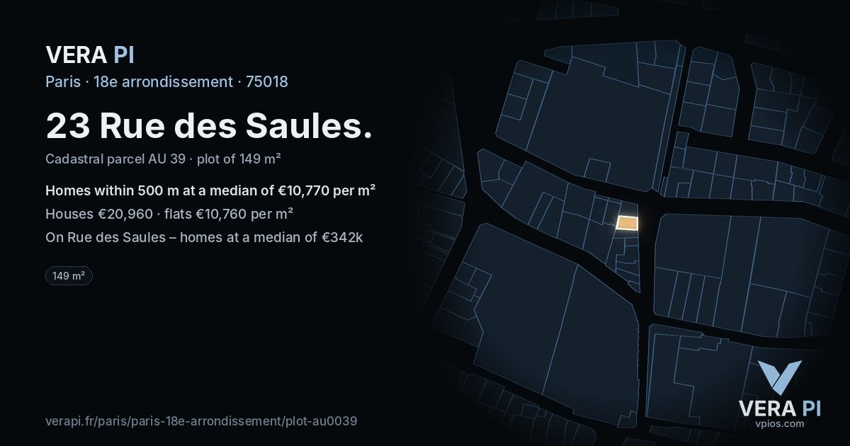 23 Rue des Saules, 18e arrondissement at night – the plot lit, the parcels around coloured by the prices near them