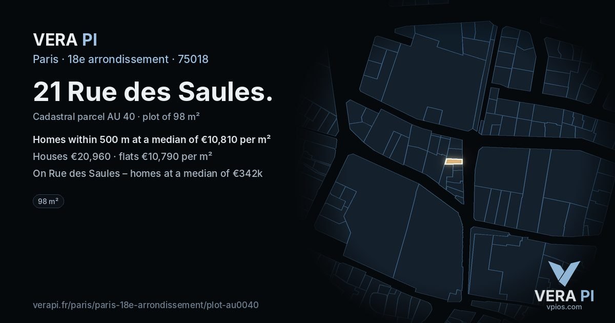 21 Rue des Saules, 18e arrondissement at night – the plot lit, the parcels around coloured by the prices near them