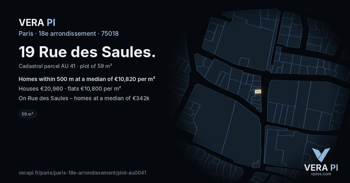 19 Rue des Saules, 18e arrondissement at night – the plot lit, the parcels around coloured by the prices near them