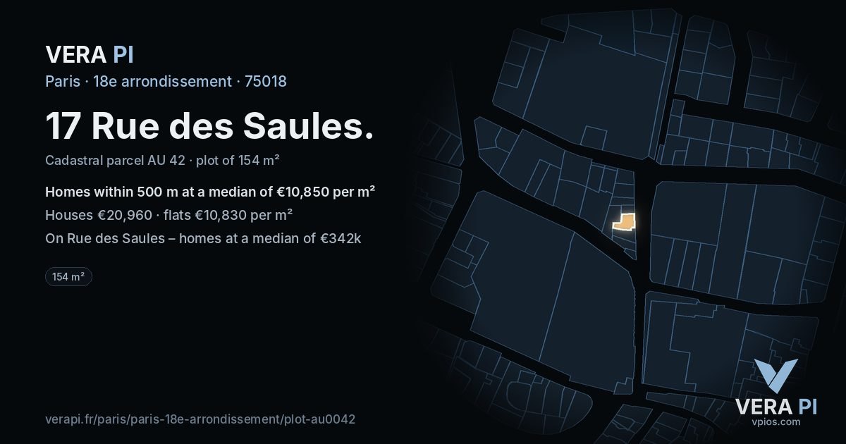 17 Rue des Saules, 18e arrondissement at night – the plot lit, the parcels around coloured by the prices near them
