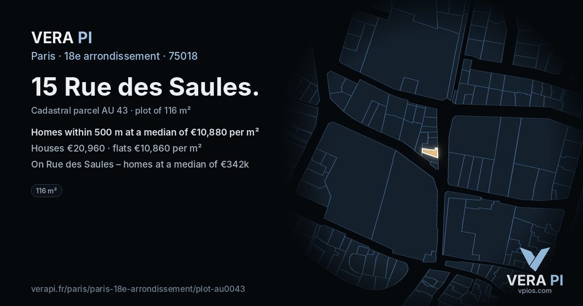 15 Rue des Saules, 18e arrondissement at night – the plot lit, the parcels around coloured by the prices near them