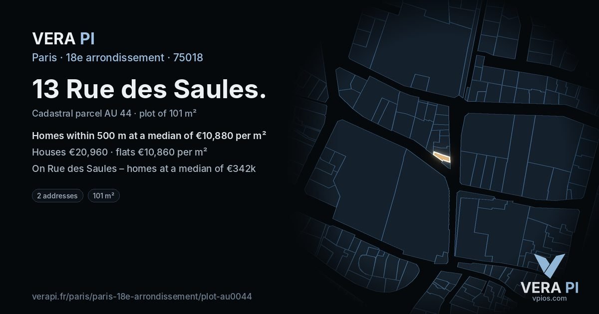 13 Rue des Saules, 18e arrondissement at night – the plot lit, the parcels around coloured by the prices near them