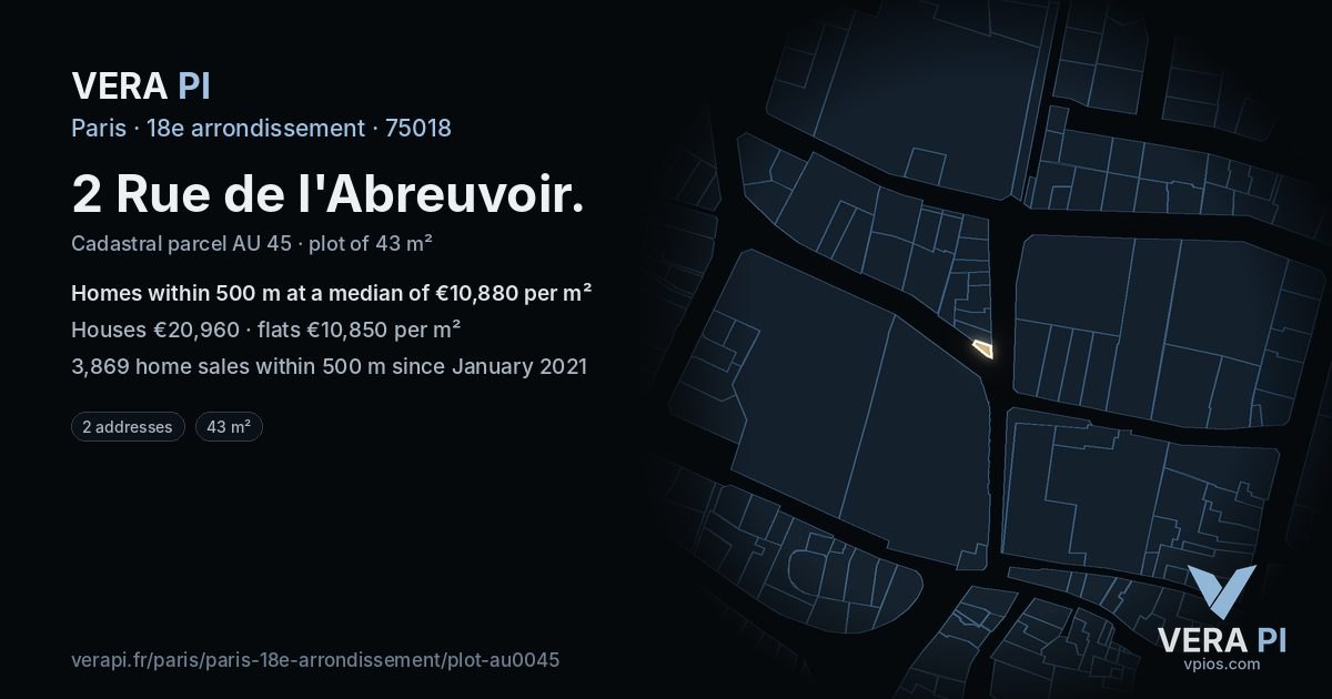 2 Rue de l'Abreuvoir, 18e arrondissement at night – the plot lit, the parcels around coloured by the prices near them