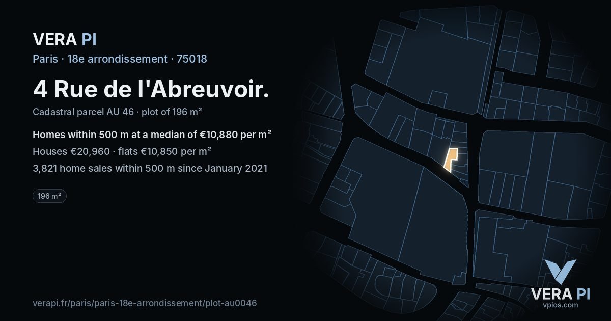 4 Rue de l'Abreuvoir, 18e arrondissement at night – the plot lit, the parcels around coloured by the prices near them