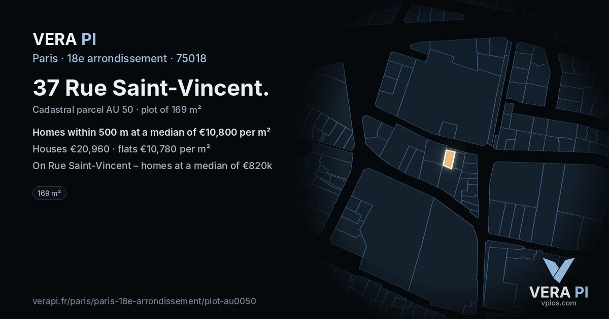 37 Rue Saint-Vincent, 18e arrondissement at night – the plot lit, the parcels around coloured by the prices near them