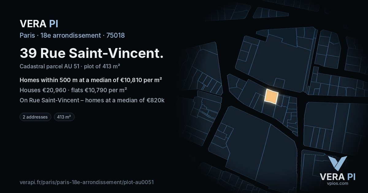 39 Rue Saint-Vincent, 18e arrondissement at night – the plot lit, the parcels around coloured by the prices near them