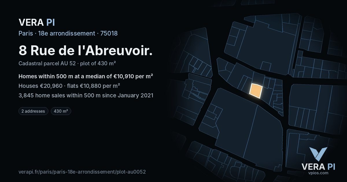 8 Rue de l'Abreuvoir, 18e arrondissement at night – the plot lit, the parcels around coloured by the prices near them