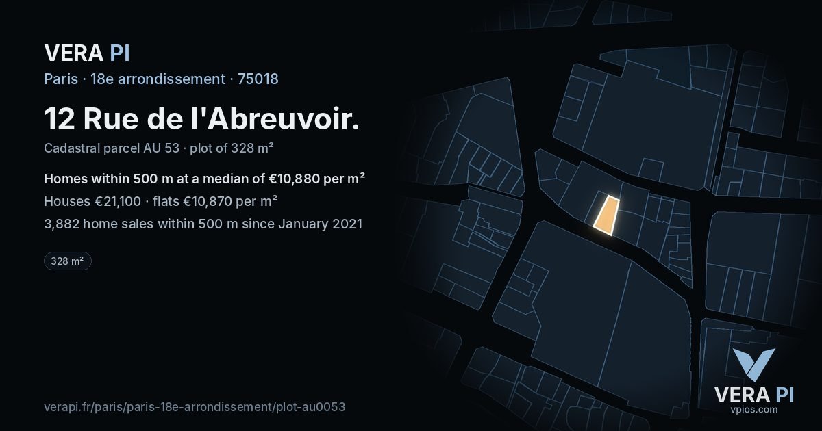 12 Rue de l'Abreuvoir, 18e arrondissement at night – the plot lit, the parcels around coloured by the prices near them
