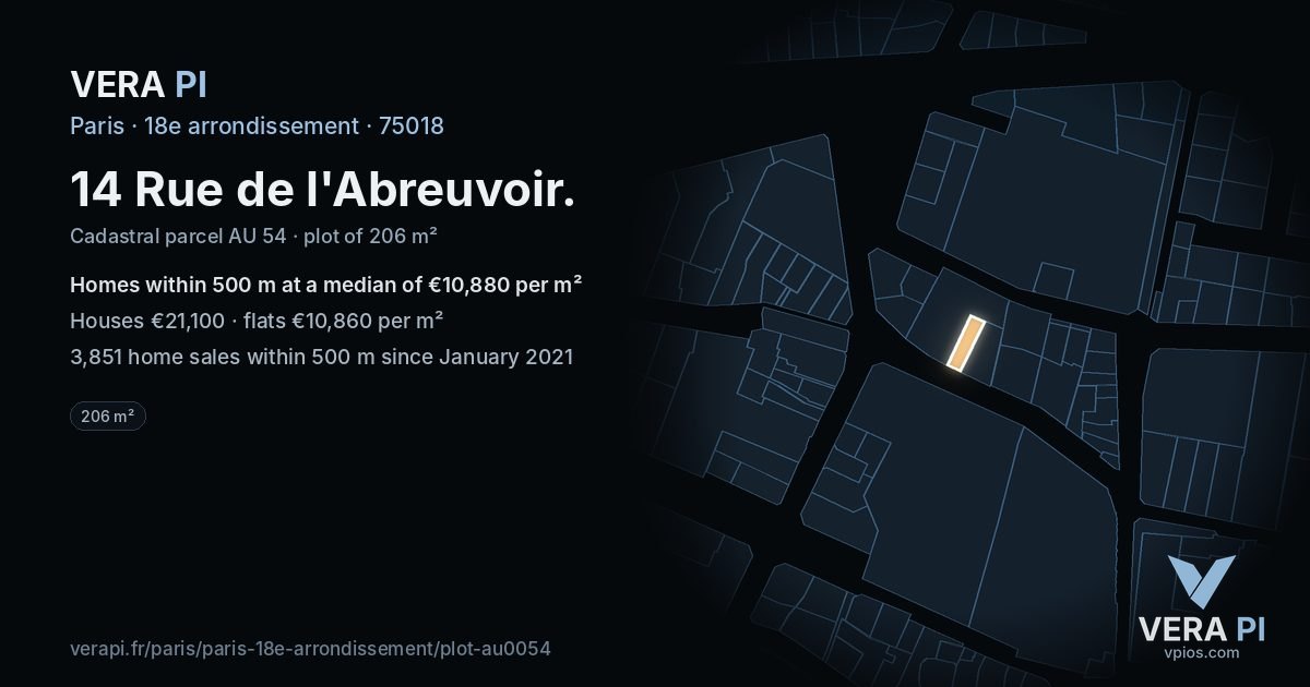 14 Rue de l'Abreuvoir, 18e arrondissement at night – the plot lit, the parcels around coloured by the prices near them
