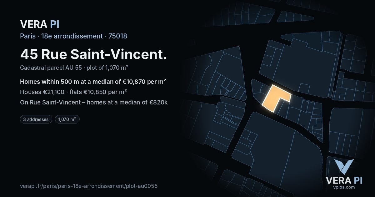 45 Rue Saint-Vincent, 18e arrondissement at night – the plot lit, the parcels around coloured by the prices near them