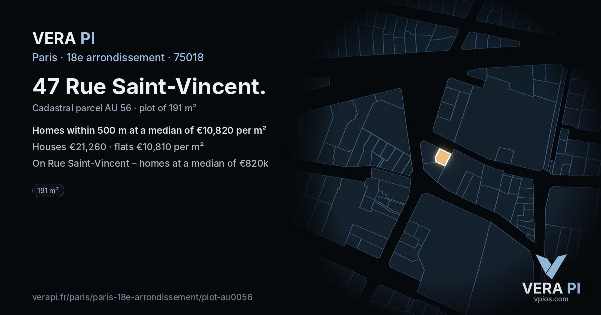 47 Rue Saint-Vincent, 18e arrondissement at night – the plot lit, the parcels around coloured by the prices near them