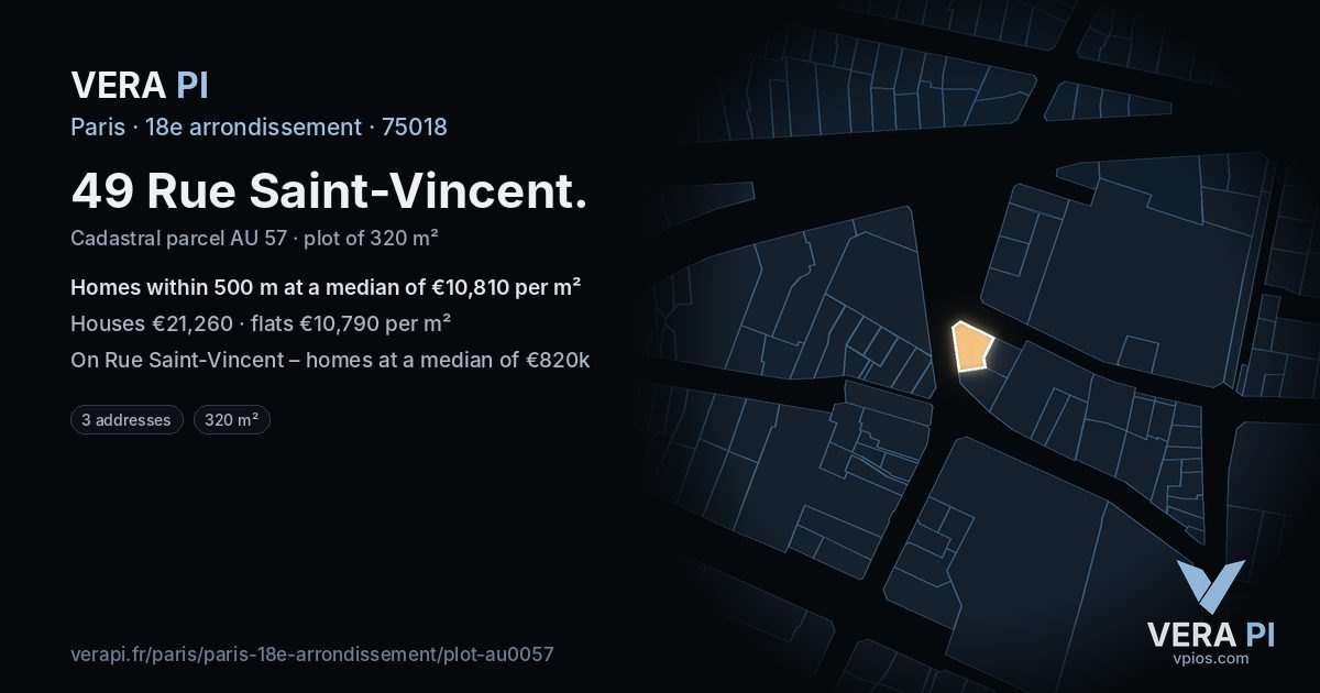 49 Rue Saint-Vincent, 18e arrondissement at night – the plot lit, the parcels around coloured by the prices near them