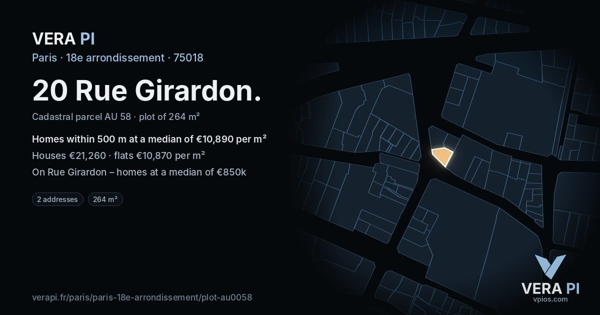 20 Rue Girardon, 18e arrondissement at night – the plot lit, the parcels around coloured by the prices near them