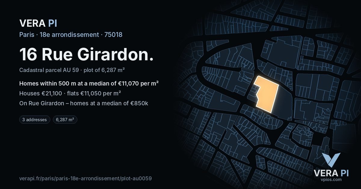 16 Rue Girardon, 18e arrondissement at night – the plot lit, the parcels around coloured by the prices near them