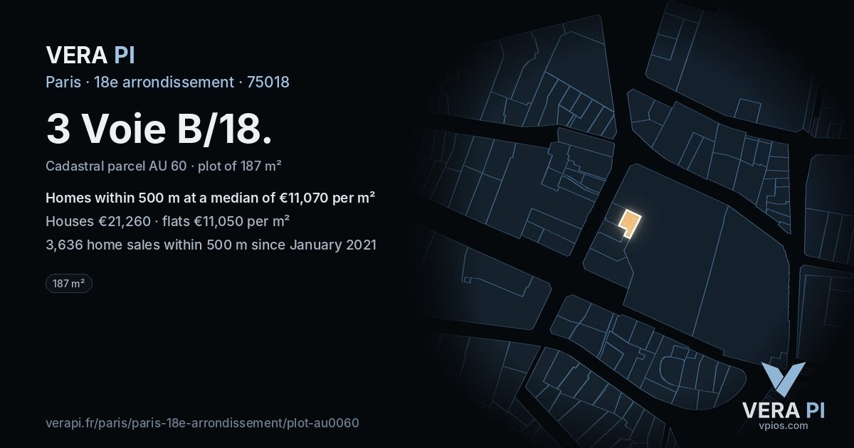 3 Voie B/18, 18e arrondissement at night – the plot lit, the parcels around coloured by the prices near them