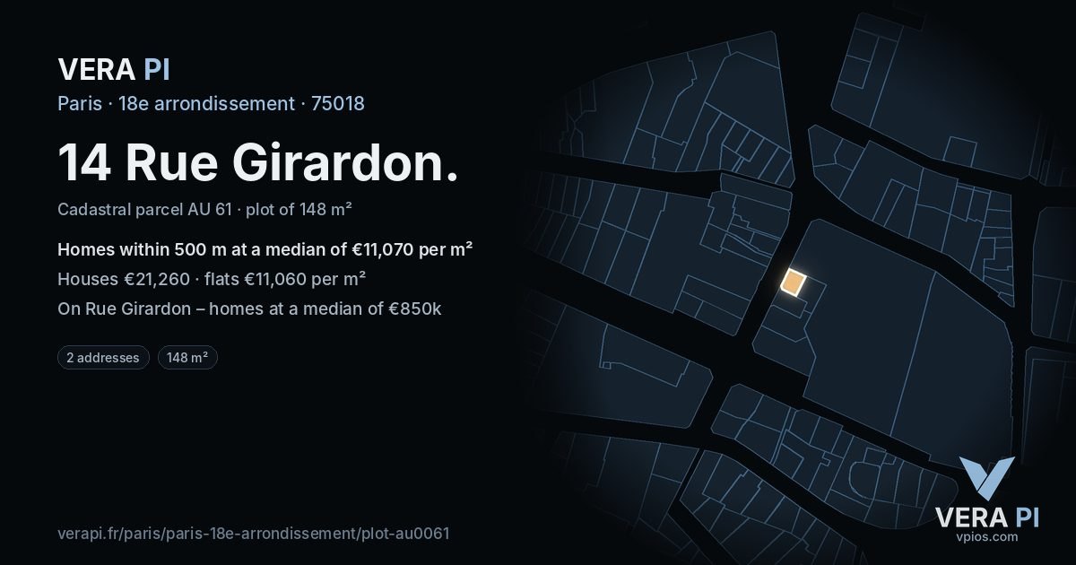 14 Rue Girardon, 18e arrondissement at night – the plot lit, the parcels around coloured by the prices near them