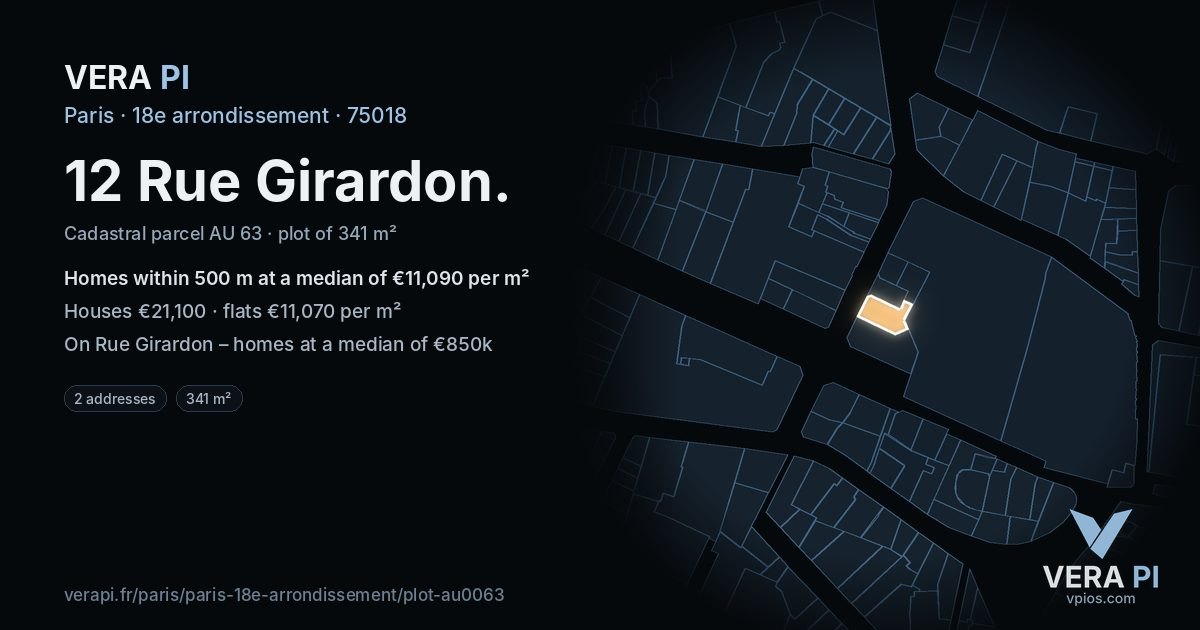 12 Rue Girardon, 18e arrondissement at night – the plot lit, the parcels around coloured by the prices near them