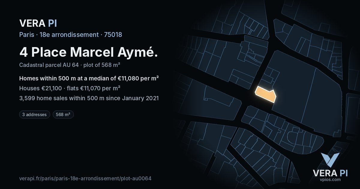 4 Place Marcel Aymé, 18e arrondissement at night – the plot lit, the parcels around coloured by the prices near them
