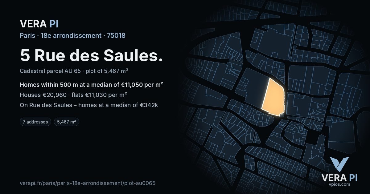 5 Rue des Saules, 18e arrondissement at night – the plot lit, the parcels around coloured by the prices near them