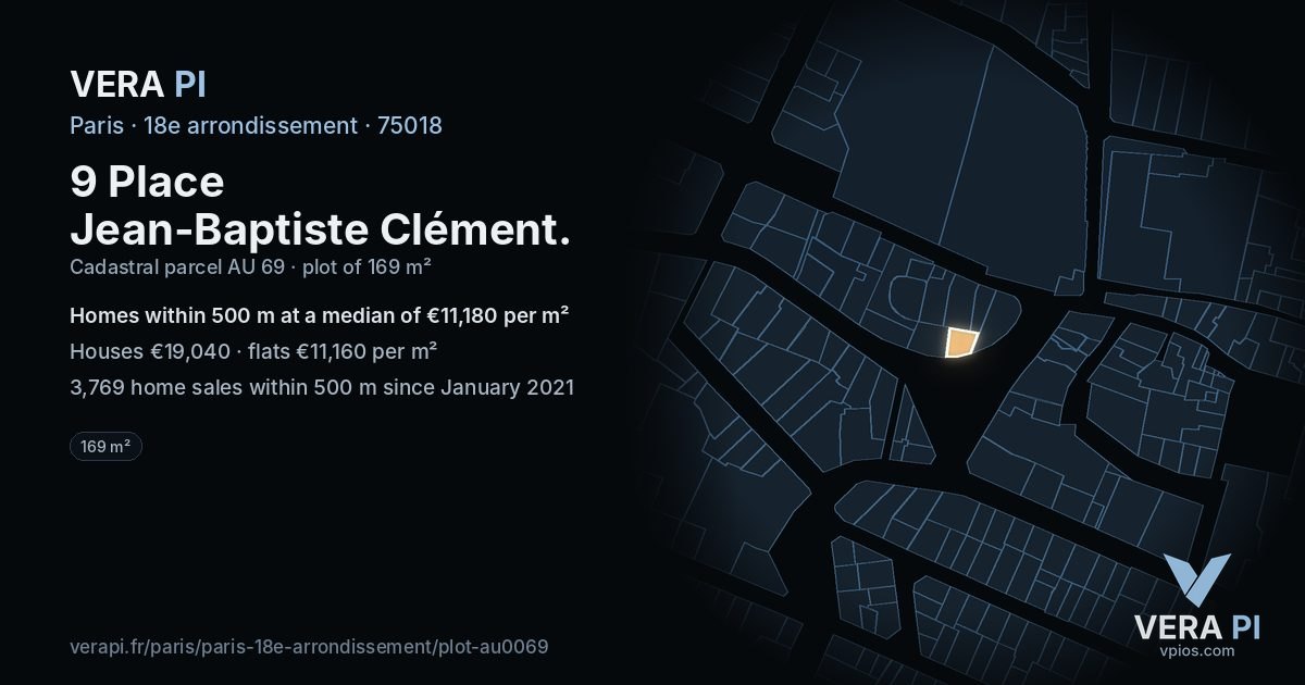 9 Place Jean-Baptiste Clément, 18e arrondissement at night – the plot lit, the parcels around coloured by the prices near them