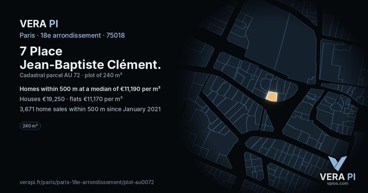 7 Place Jean-Baptiste Clément, 18e arrondissement at night – the plot lit, the parcels around coloured by the prices near them