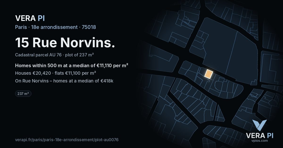 15 Rue Norvins, 18e arrondissement at night – the plot lit, the parcels around coloured by the prices near them