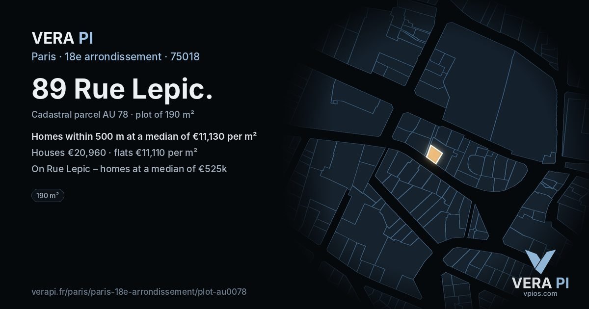 89 Rue Lepic, 18e arrondissement at night – the plot lit, the parcels around coloured by the prices near them