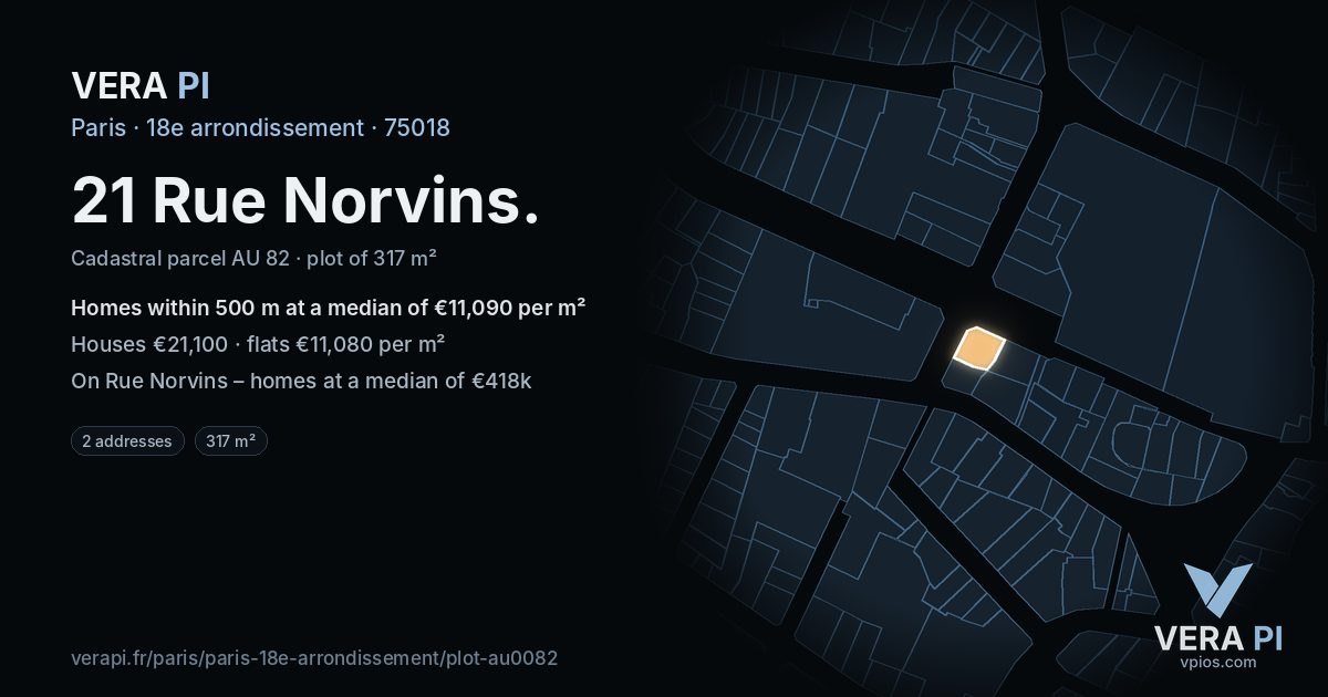 21 Rue Norvins, 18e arrondissement at night – the plot lit, the parcels around coloured by the prices near them