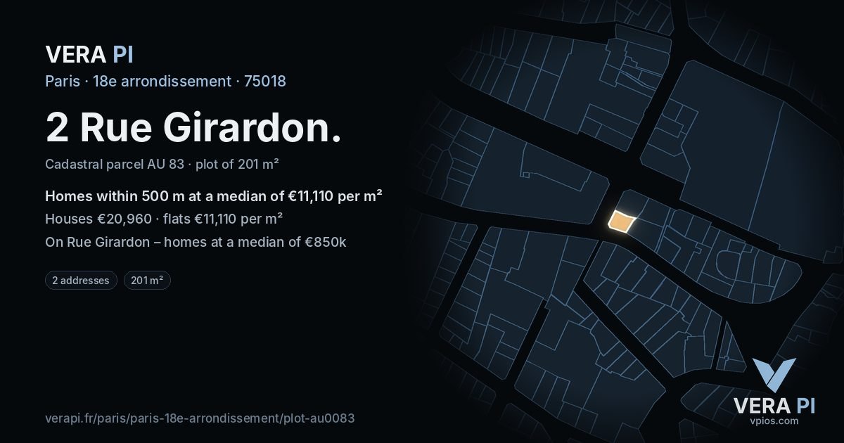 2 Rue Girardon, 18e arrondissement at night – the plot lit, the parcels around coloured by the prices near them