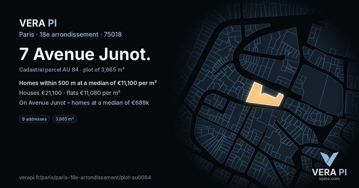 7 Avenue Junot, 18e arrondissement at night – the plot lit, the parcels around coloured by the prices near them