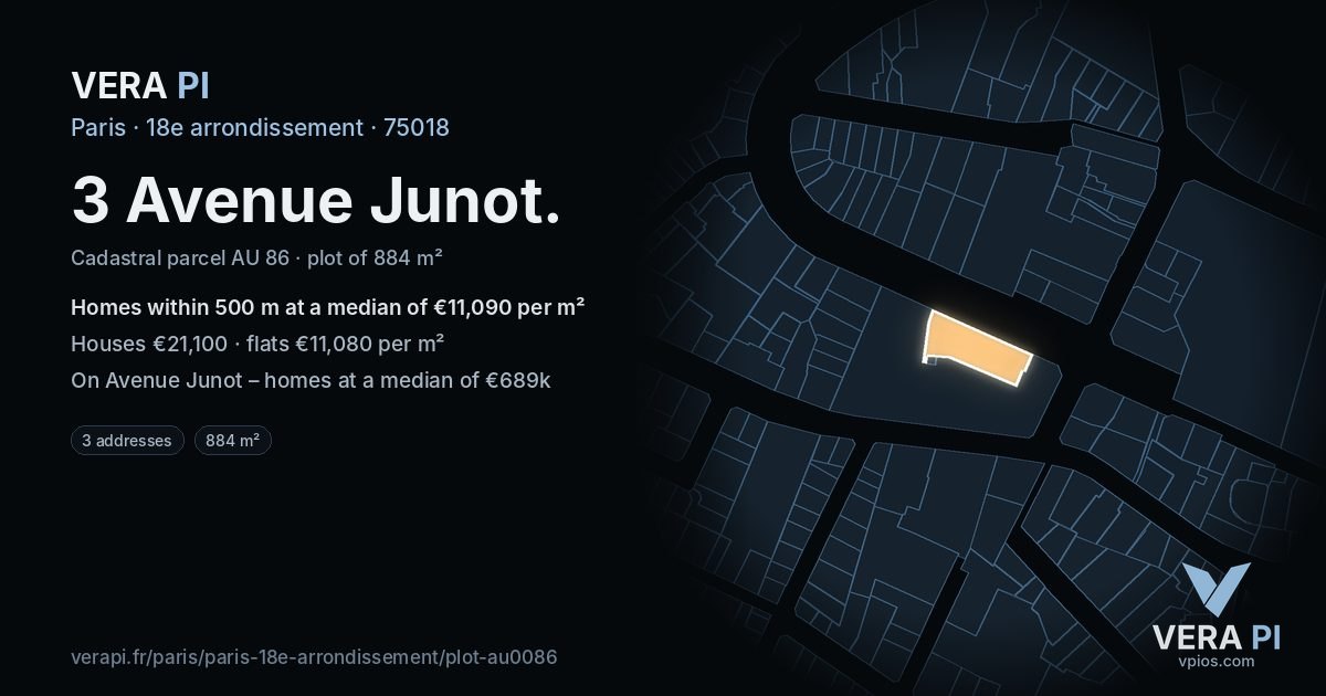 3 Avenue Junot, 18e arrondissement at night – the plot lit, the parcels around coloured by the prices near them