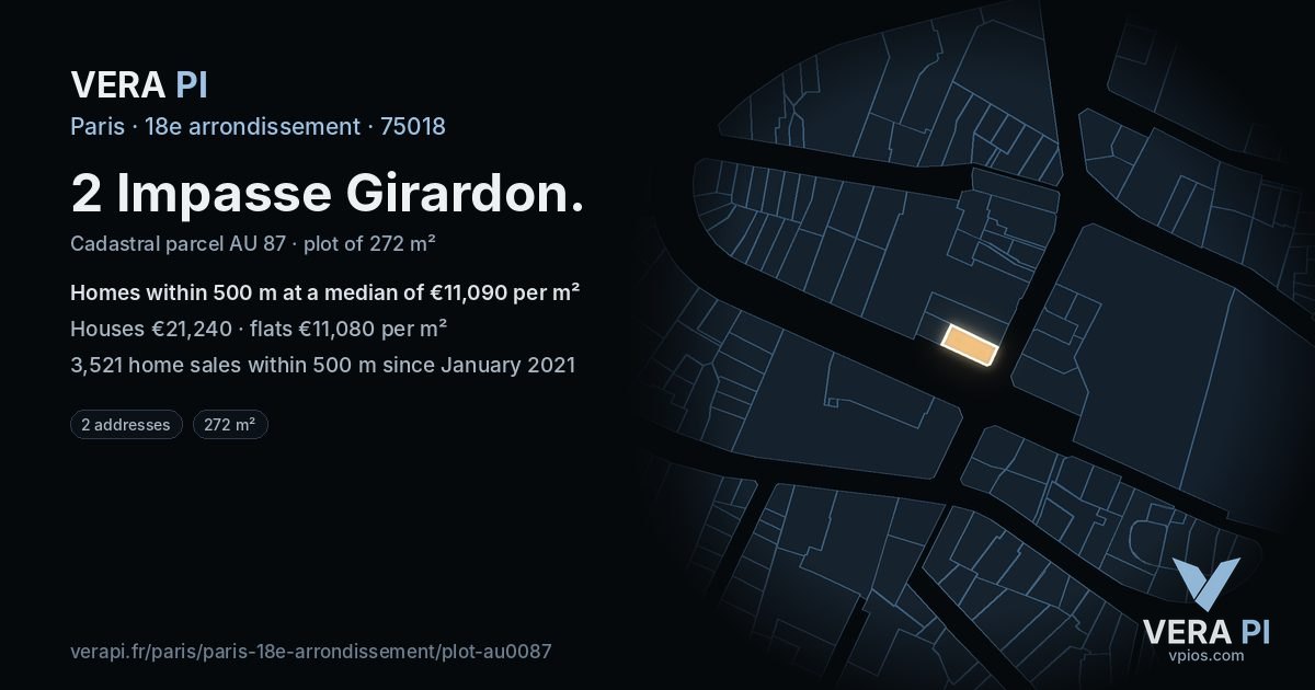 2 Impasse Girardon, 18e arrondissement at night – the plot lit, the parcels around coloured by the prices near them